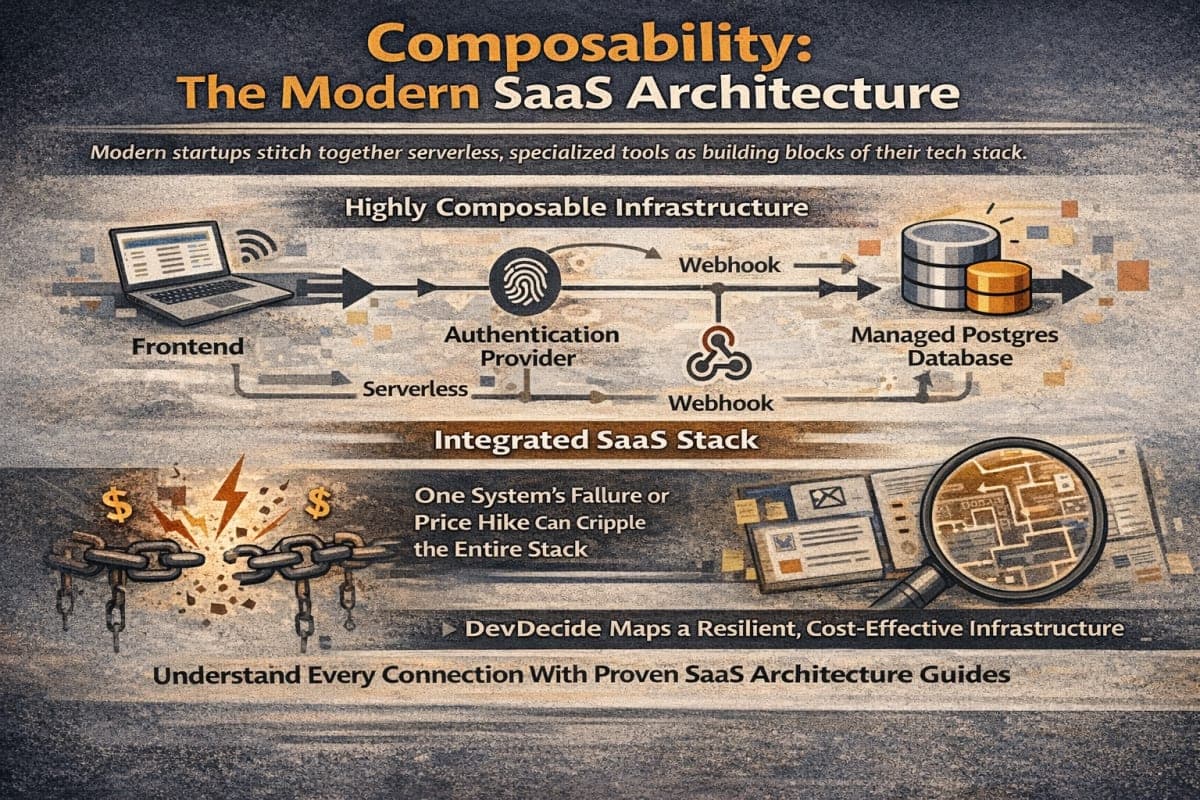 Modern SaaS tools and developer infrastructure interacting via microservices APIs